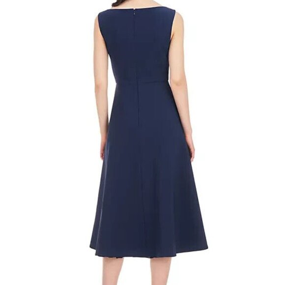 Kay Unger Midnight Blue Begonia Crepe & Chiffon Midi A-Line Dress - Picture 3 of 3